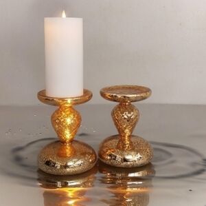 Pair Light Up Mercury Glass Pedestal Candle Holders‎ 6"H Gold
